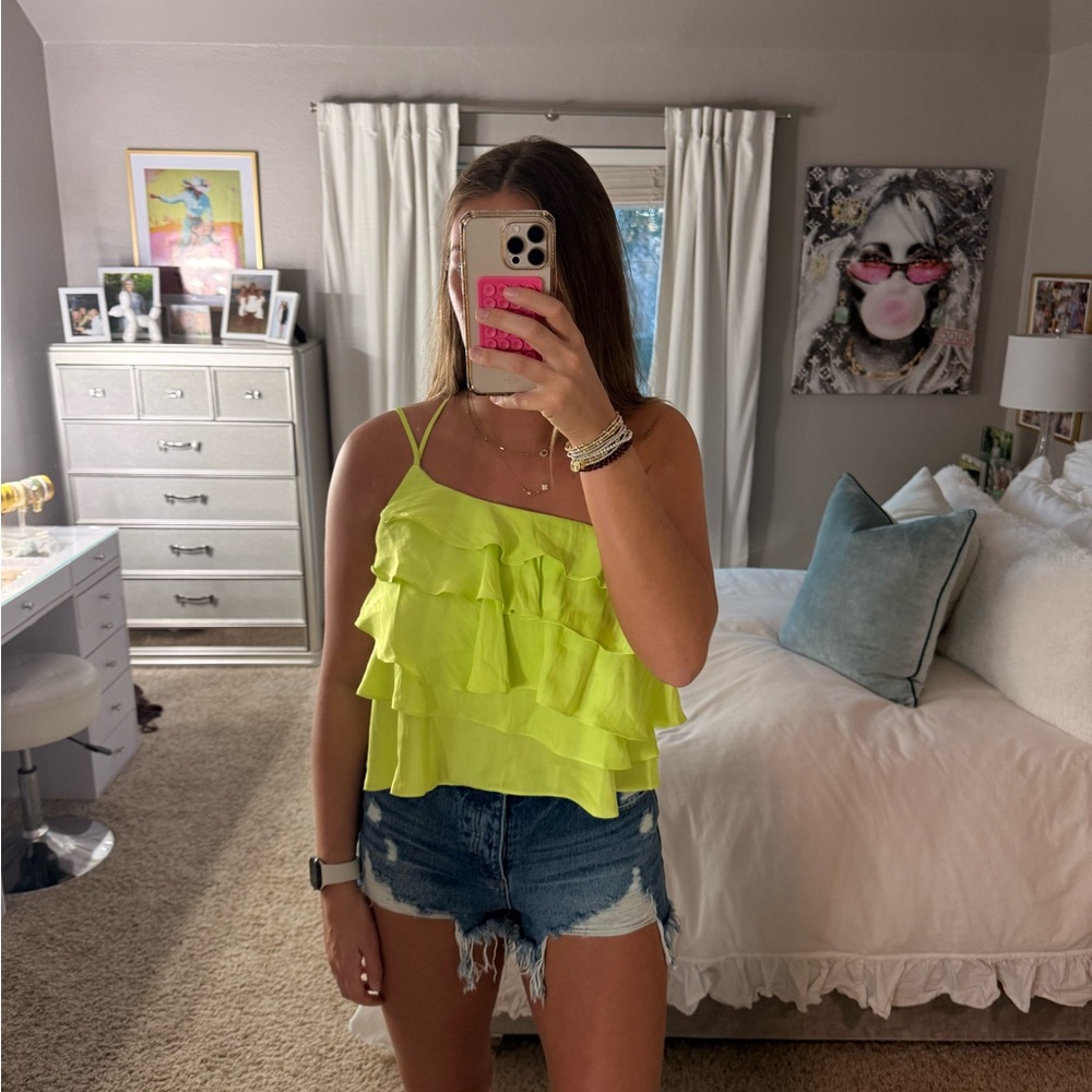 Pink Lily Neon Yellow Ruffle Tank Top